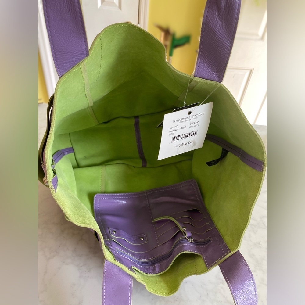 B Makowsky Purple Patten Leather Burbank Tote Bag with Green Accents NWT - Picture 5 of 10